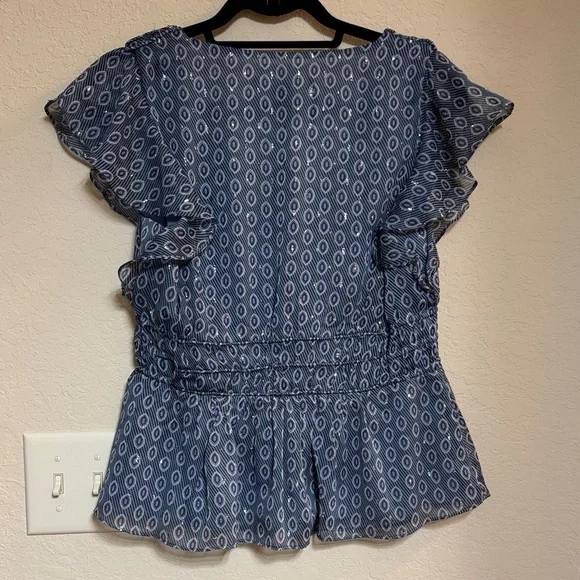 White House Black Market Blue Patterned Women's Top with Front Buttons Size S - Picture 2 of 6